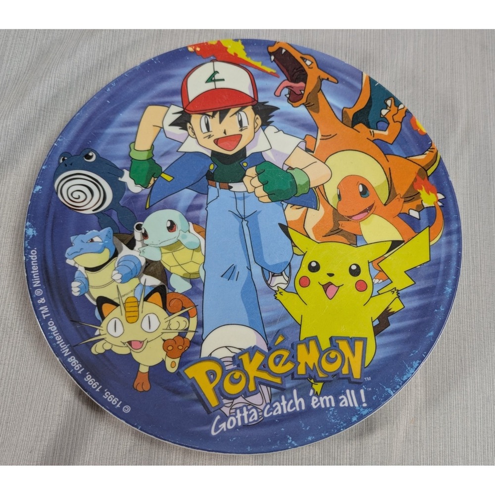 Nintendo Pokemon 1998 Funomenon 8in Blue Melamine Plate Ash Pikachu Charizard